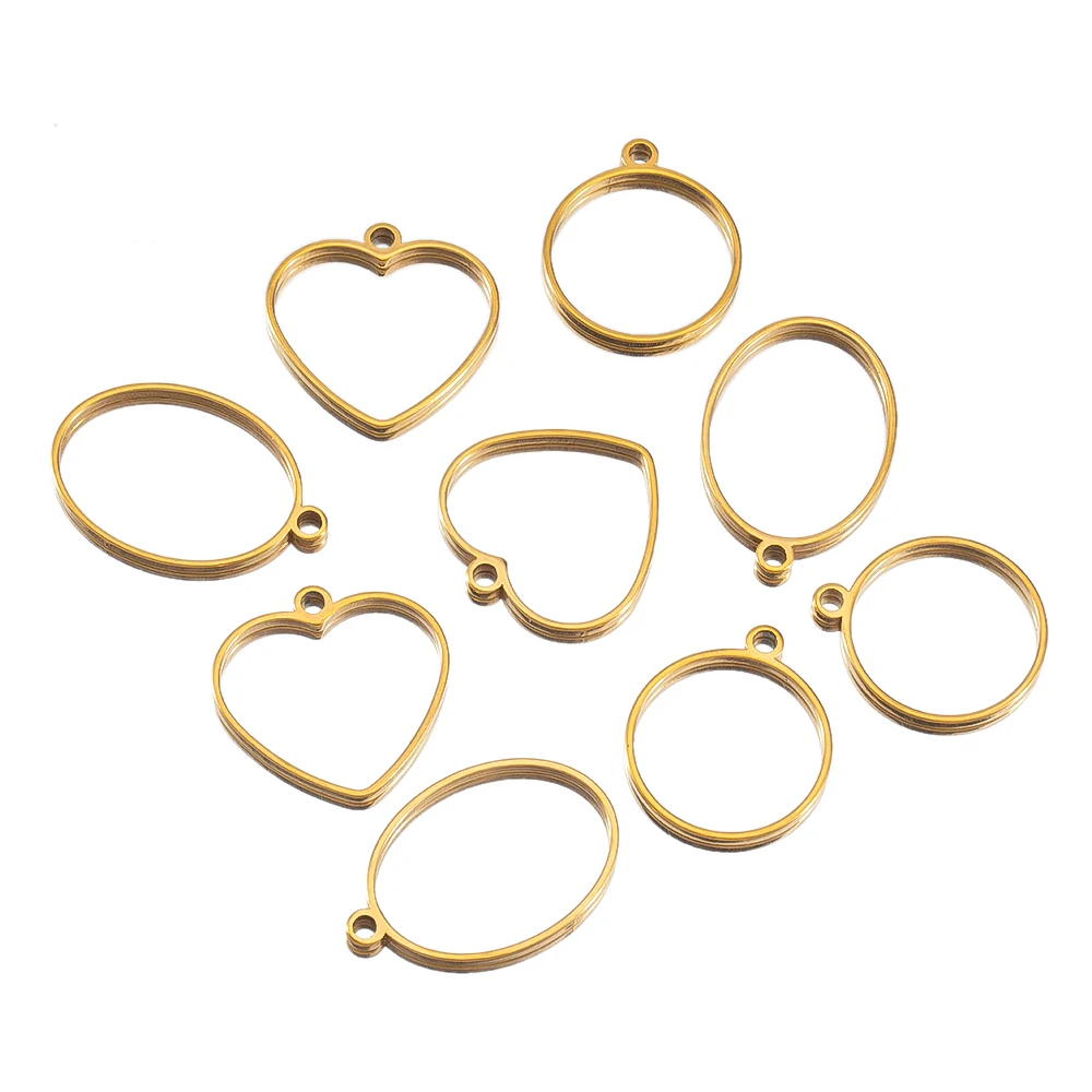 5pcs Hollow Geometric Stainless Steel Heart Oval Round Frame Blank Bezel DIY Earrings Pendant Base Charm Necklace Jewelry Making