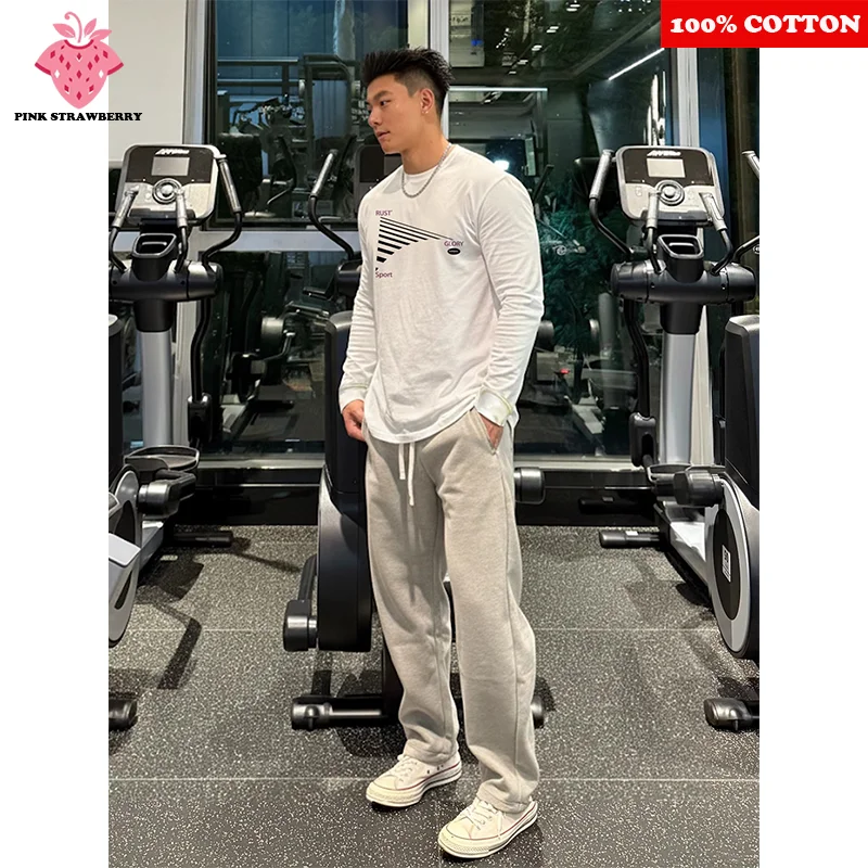 

American Street Sport T-shirt Men Spring Autumn 2025 New 100%Cotton Oversize Long sleeved White Gym T-shirt Top Y2k Men clothing