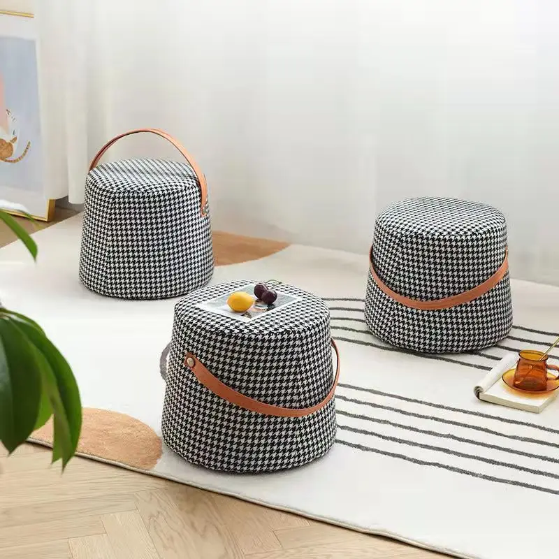 Houndstooth Pouf Nordic Fabric Small Stool Hallway Ottoman Living Room Pedal Sofa Ottoman Portable Creative Pouf Round Stool