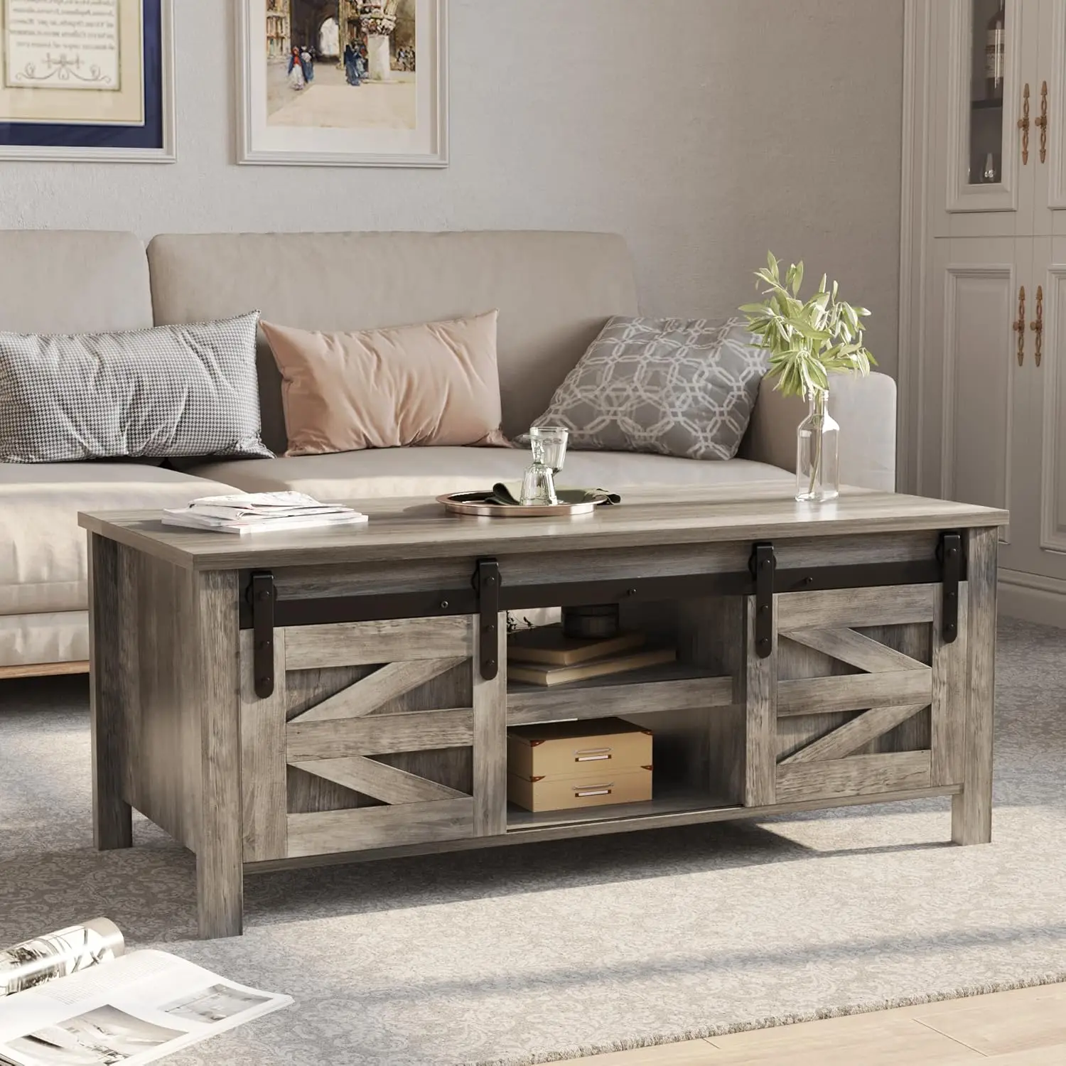 

Coffee Table with Storage \u0026 Sliding Barn Doors - Rustic Wood Center Table with Adjustable Shelves for Living/Meeting Room
