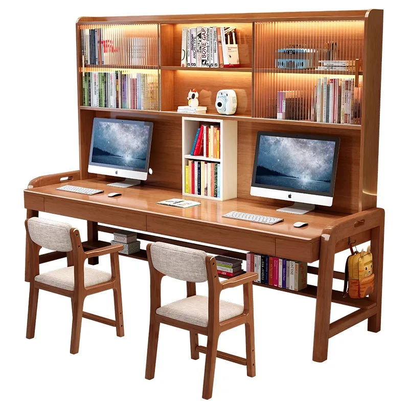

Solid wood double desk bookshelf combination modern simple computer desk bookcase integrated bedroom