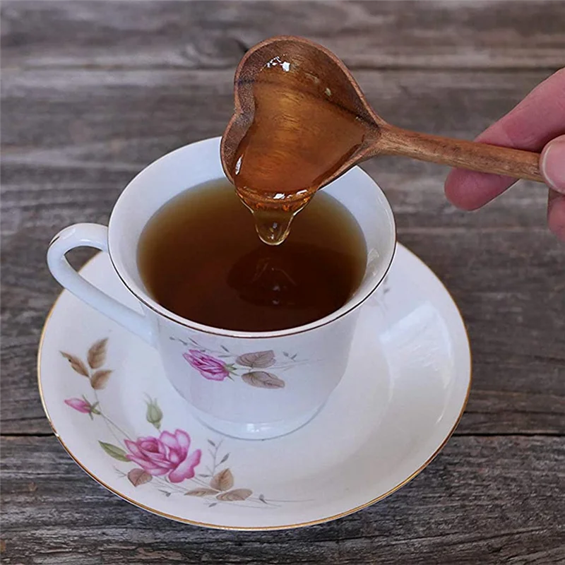 Wooden Heart-Shaped Spoons-Wooden Tea/Coffee Spoons Set (2Pcs) - Small Wooden Spoons for Condiment, Salt, Sugar