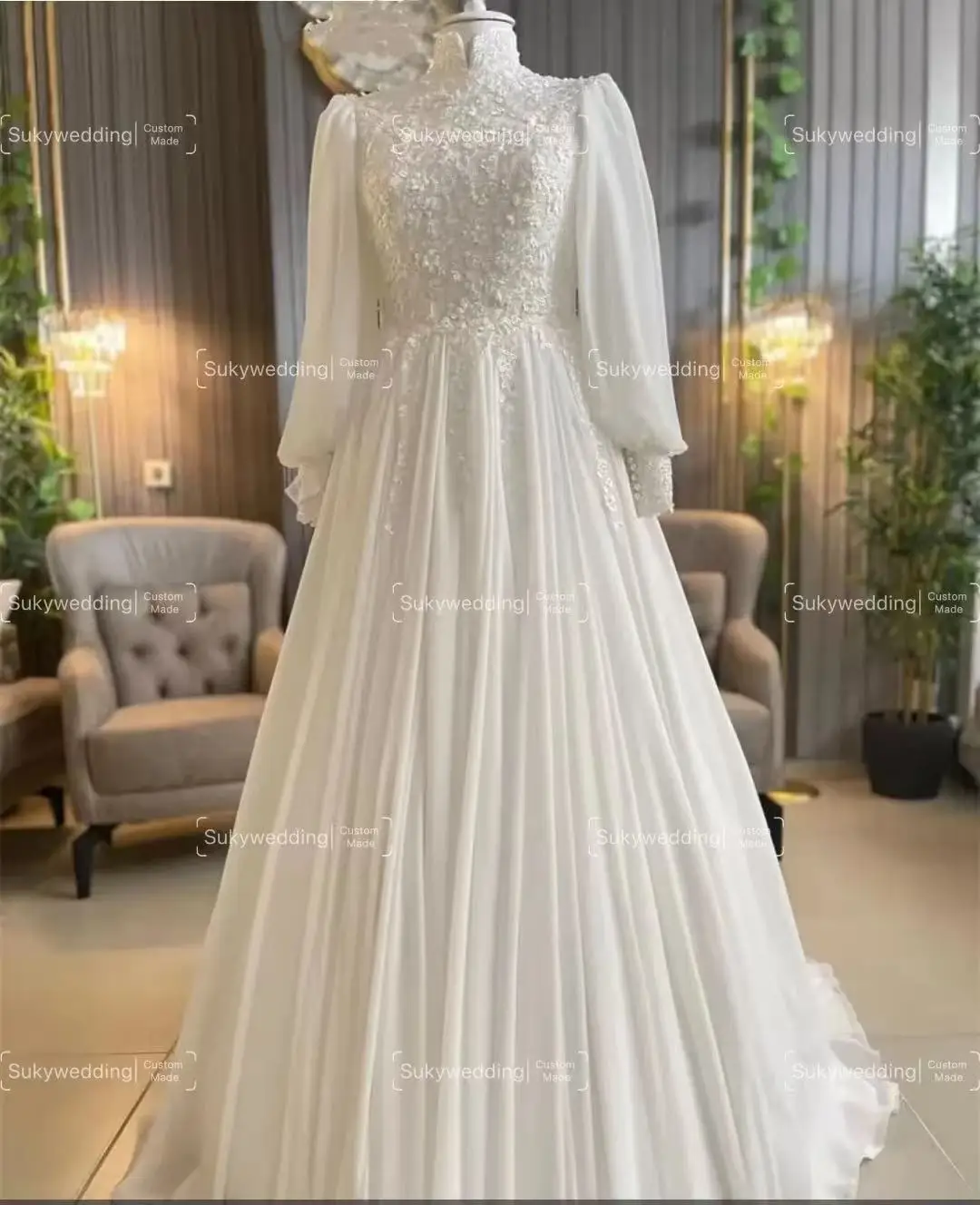 Vestidos de novia musulmanes personalizados con envolturas, manga larga, cuello alto, encaje, línea A, largo hasta el suelo, vestido de novia islámico de estilo campestre