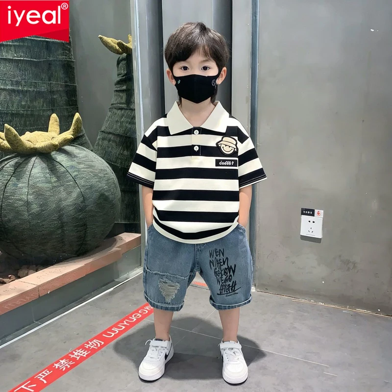 

IYEAL Boys' Striped Polo Shirt + Printed Denim Shorts 2Pcs Summer Casual Outfit for Kids, Breathable Cotton Children's Clothing
