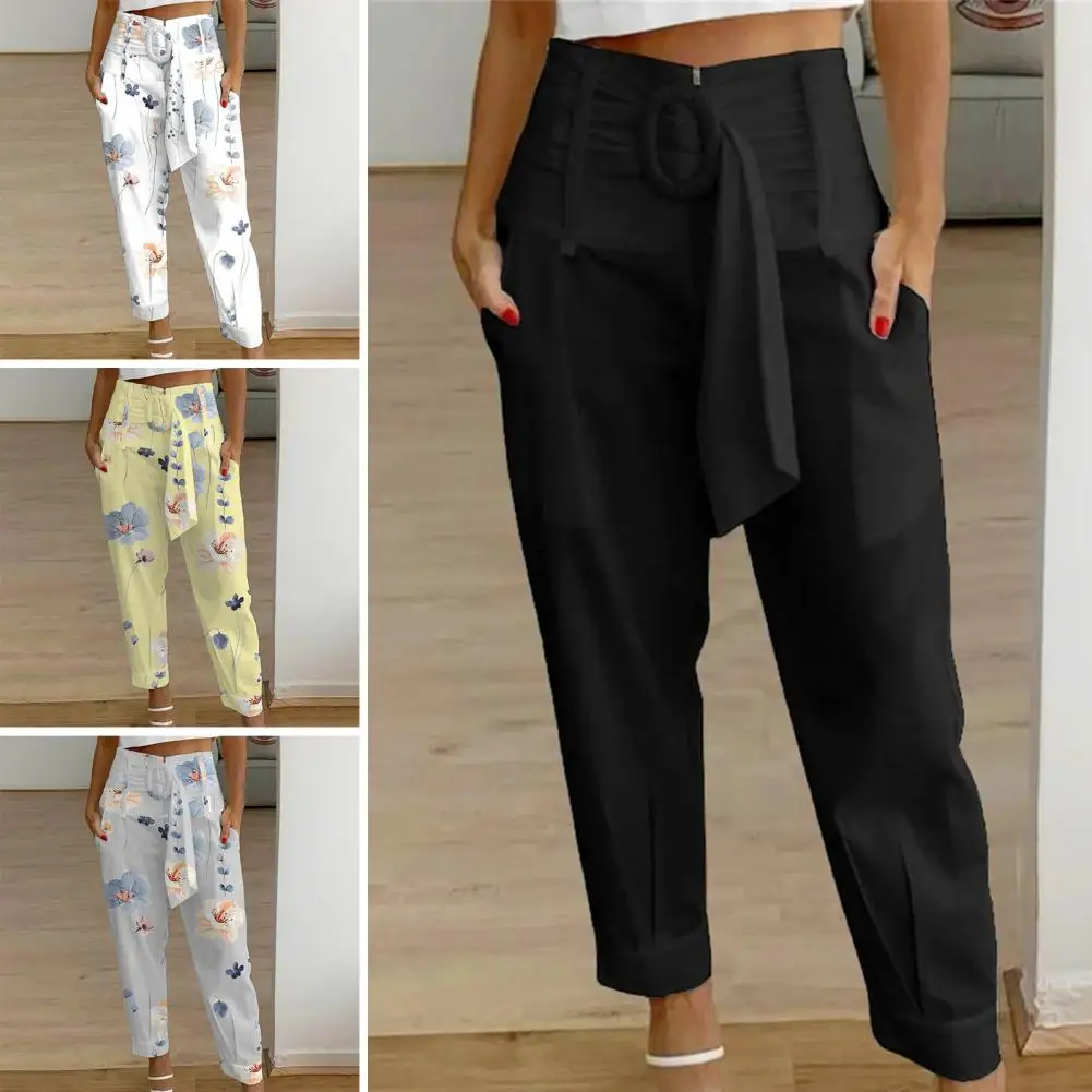 Ladies Long Pants With Pockets Elastic Waist Wide Leg Ninth Pants Casual Wear Temperament Women Fashion Loose Linen Trousers