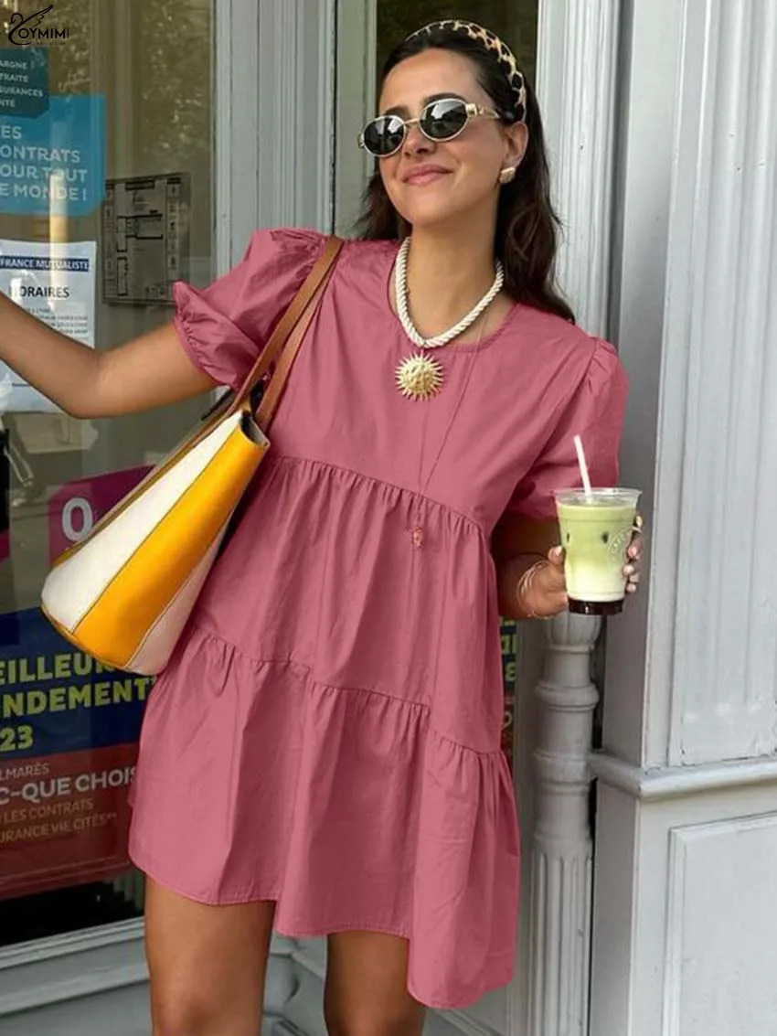 

Oymimi Elegant Red Cotton Womens Dresses Fashion O-Neck Short Sleeve Loose Dresses Autumn Pleated Mini Dress Female Clothing