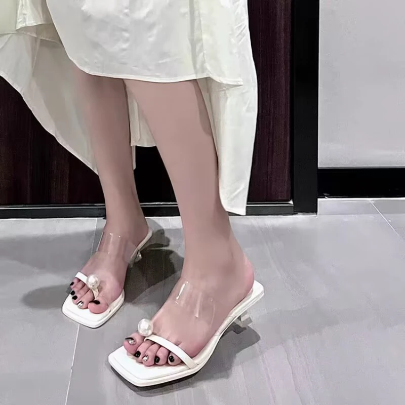 Zapatos De tacón con perlas para Mujer, novedad De 2025, Zapatos femeninos, Zapatos De tacón transparente para Mujer, Zapateros De tacón bajo con cabeza cuadrada, Zapatos De Mujer