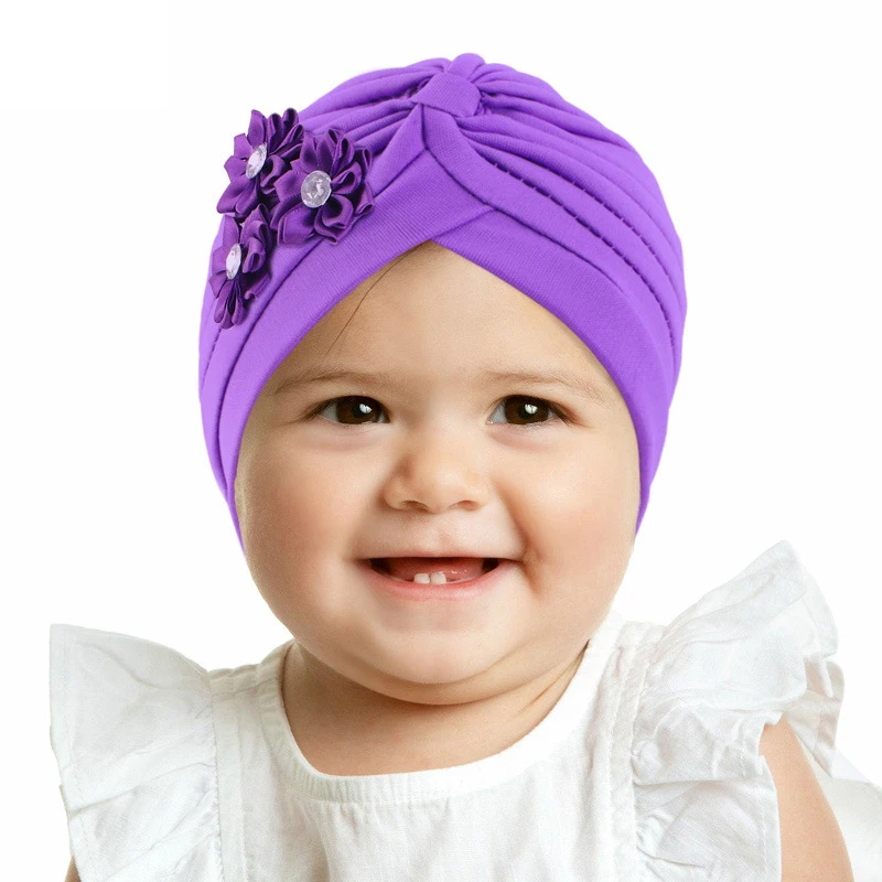 Kids Flower With Drill Accessories Wrinkle Elastic Turban Hat Children Cute Girls Head Scarf Fashion Multicolor Baby Soft Beanie