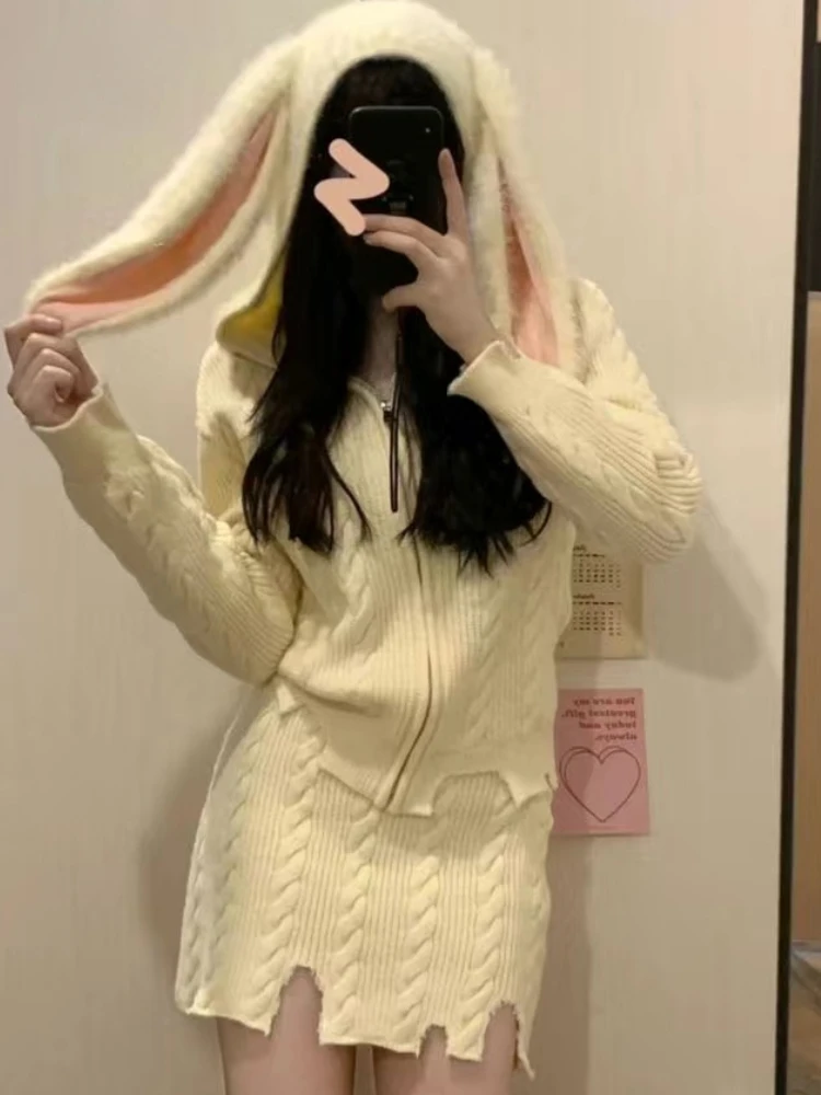 

Knitted Japanese Kawaii Two Piece Set Women Warm Sweet Hooded Elegant Skirt Suit Female Korean Fashion Long Sleeve Cute Set 2023