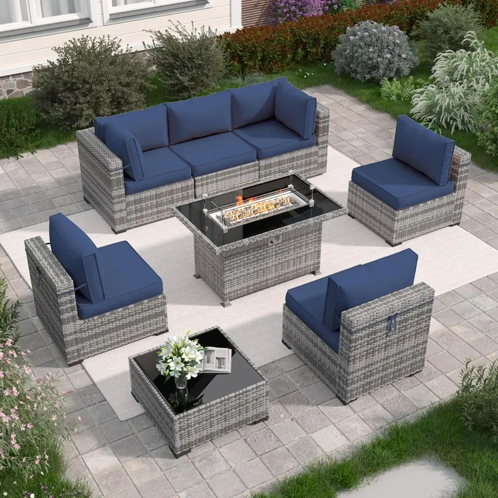 

Patio Furniture with Fire Pit Table, 8 Pc Outdoor Patio Furniture Wicker Furniture with Waterproof Cover, 44" Gas Fire Pit Table