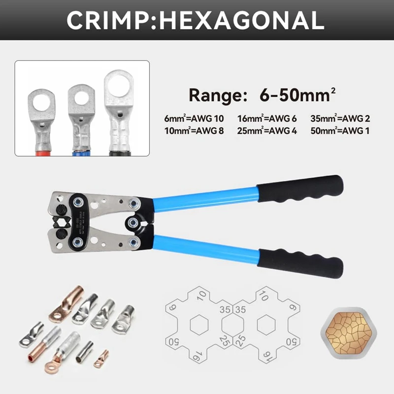 Battery Cable Crimping Tool Kit For AWG 10-1 Copper Ring Lug With Cable Cutter, Heavy Duty Crimper For Wire Lugs HX-50B