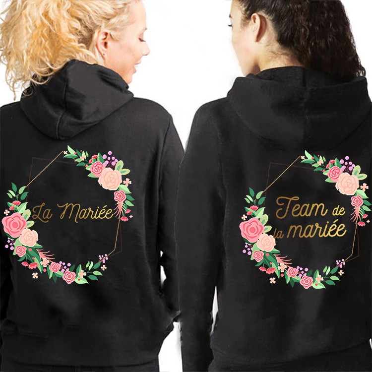 Team Bride Clothes French Bachelorette Hen Party Pullover Women's Sweatshirts Fashion Bridal Flower Wreath Wedding Outerwears