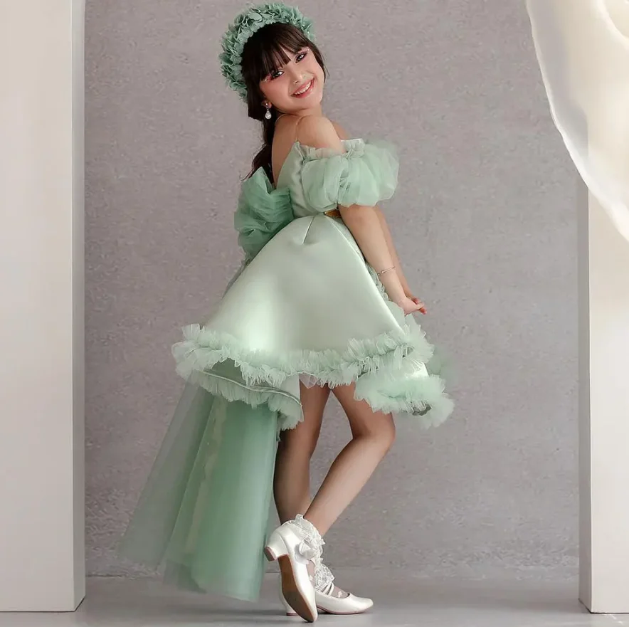 New Arrival Sage Green Dubai Girls Dress Flowers Kids Children Princess Dress for Wedding Birthday Holiday Party Gowns