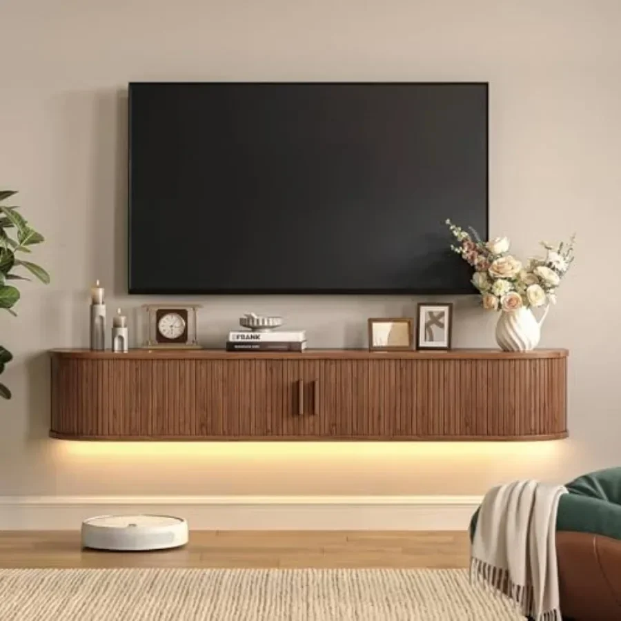 63 Floating TV Stand with Power Outlet for TVs up to 75, engineered wood, matte black, space-saving wall-mounted design with ca
