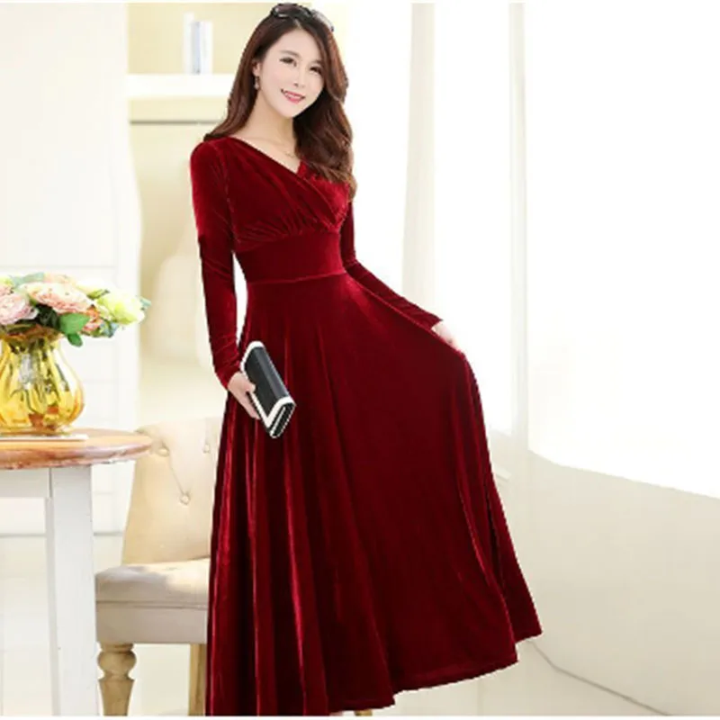 

Purple Spring Autumn and Winter New Golden Velvet Dress Long Slim Long Sleeve Large Elegant Solid Color Women's Long Dress Black