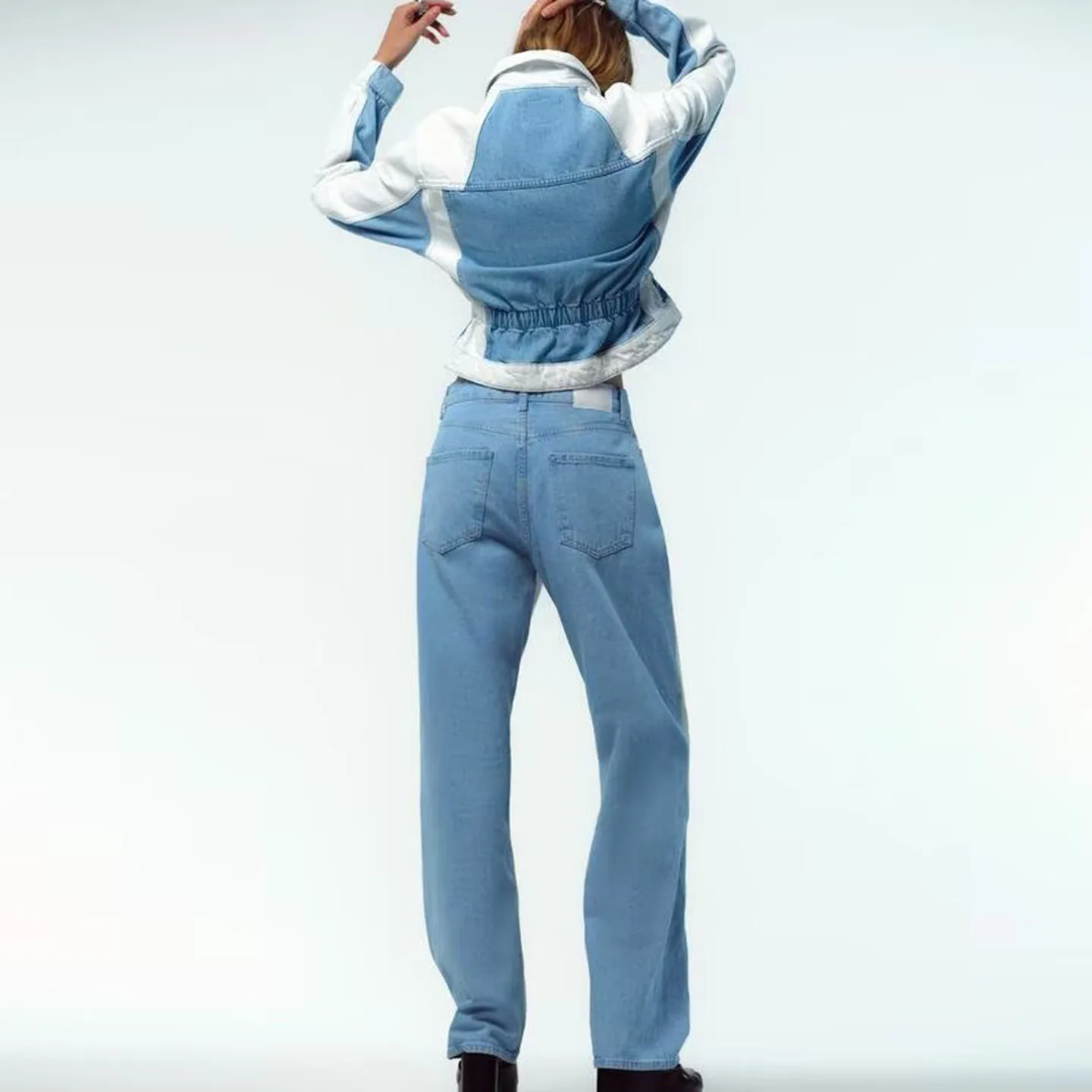 

2025 Summer New Women's Sle Denim Jaet Straight Leg Jeans Two-Piece Set Breathable Polyester Blend Long Sve Button-Up