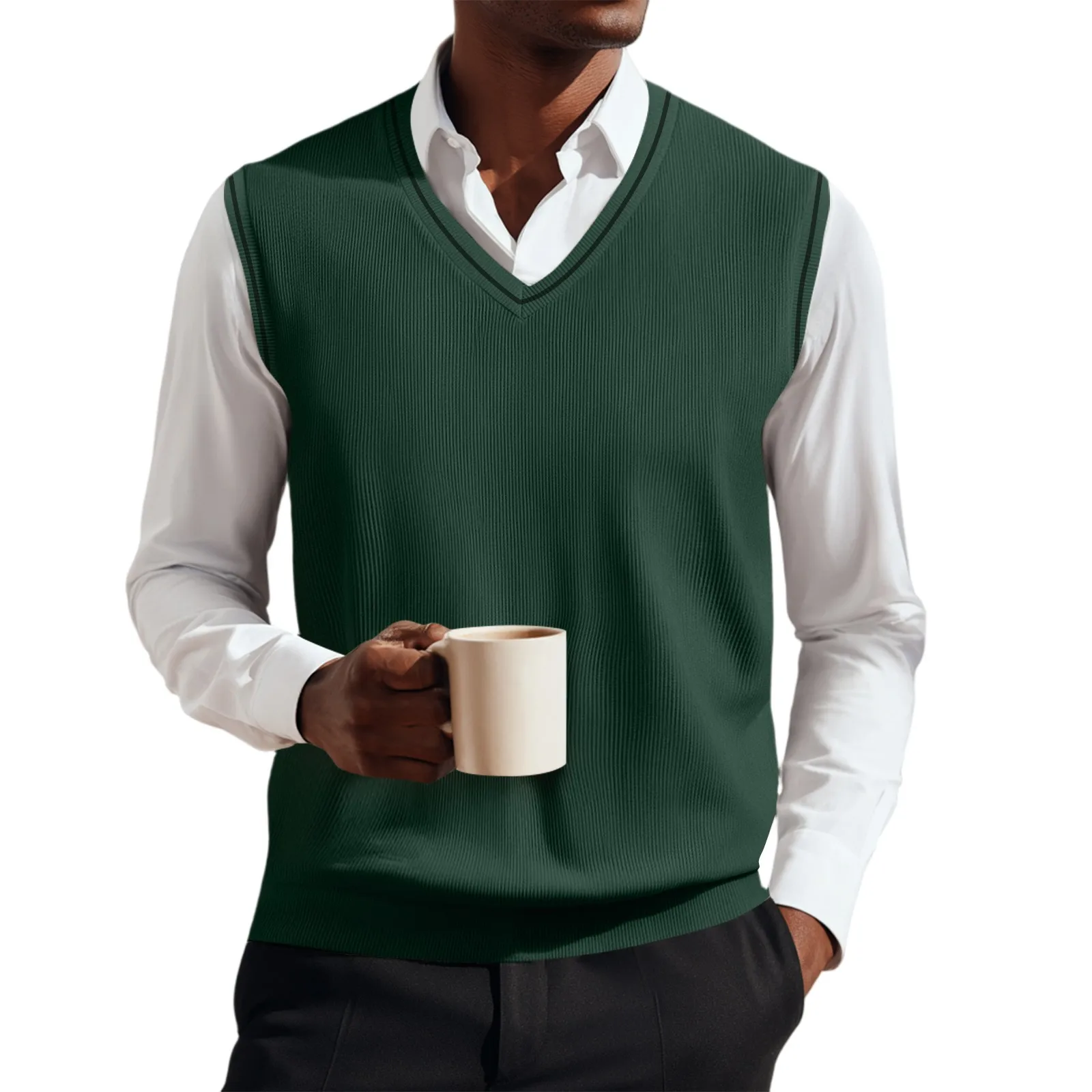 

Fashion Men Sweater Vest Solid Color Autumn Winter High Quality Casual V-Neck Sleeveless Knitted Pullover Warm Comfort Vest Top
