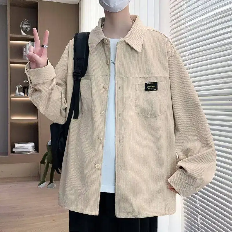 American Retro Heavyweight Corduroy Long Sleeve Loose Men's Shirt Workwear Pocketed Jacket Casual Style Wear Resistant