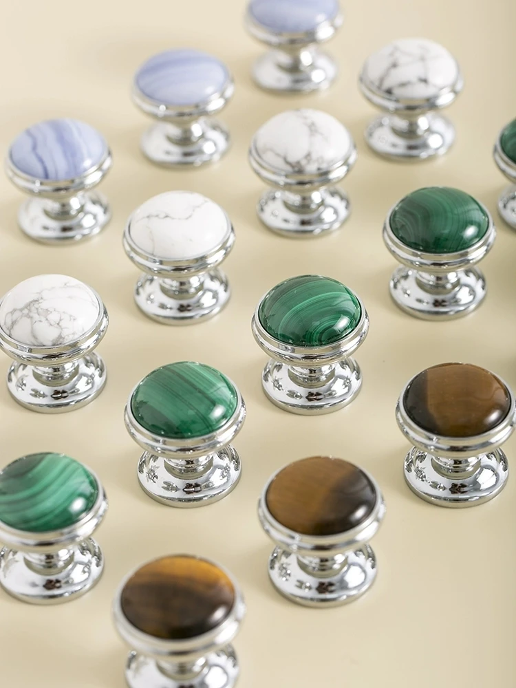 High-End Custom French Furniture Handles Silver Wardrobe Door Handles Solid Brass + Crystal Agate Kitchen Drawer Colored Handles