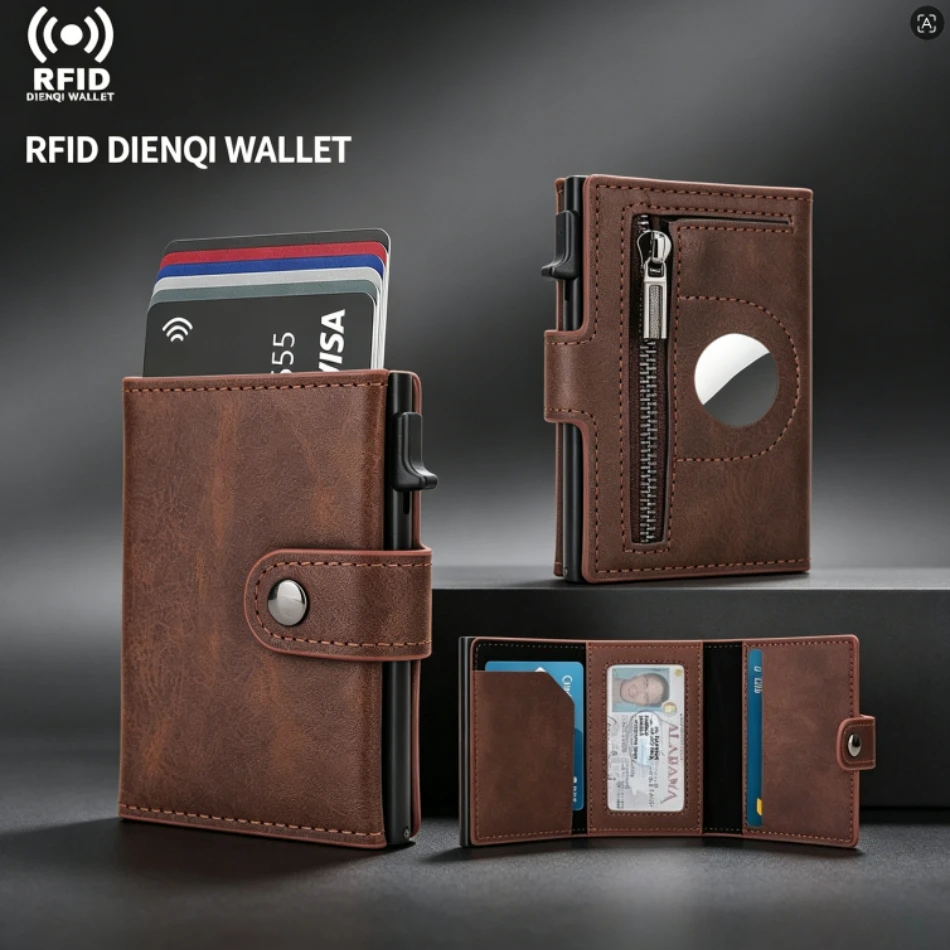 AirTag Compatible RFID Business Card Holder Wallet Pop-Up Credit Card Holder with Coin Pocket Anti-Scan Slim  Organizer for Men