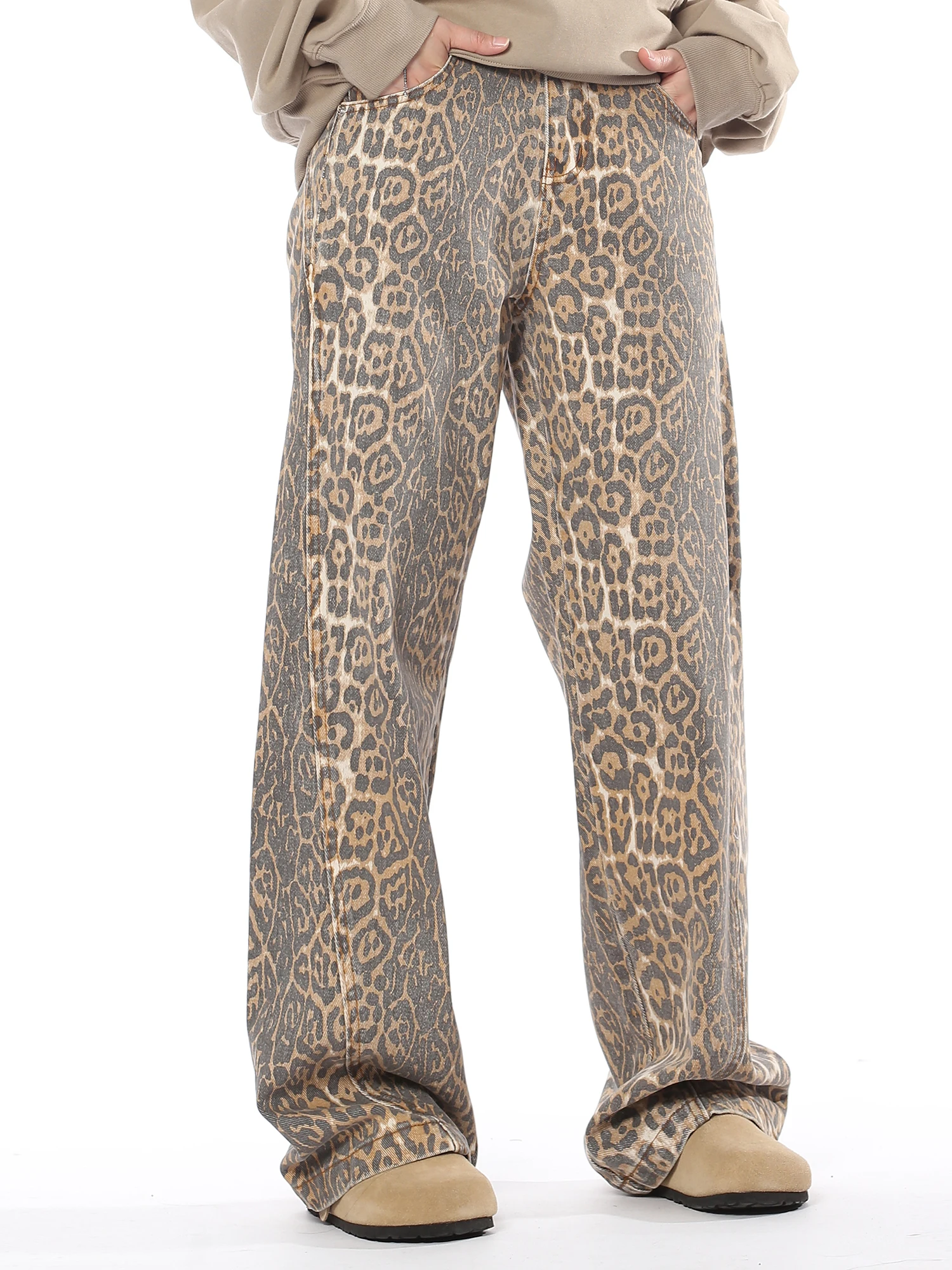 Vintage Leopard Print Jeans Women Spring Oversize Casual Hip Pop Wide Leg Trouser Trend High Waist Panther Denim Pants Ladies A6