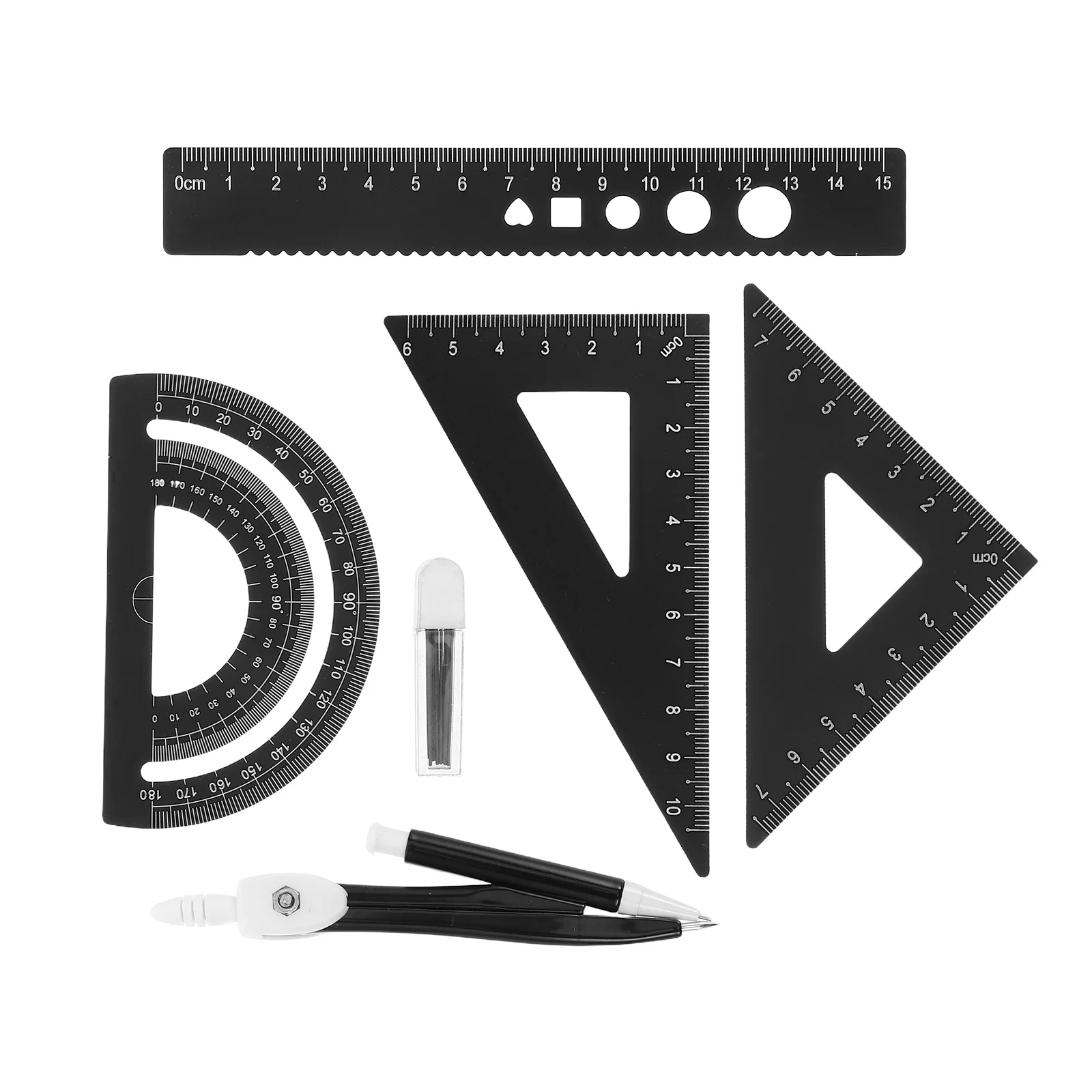 1Set Penggaris Geometri Profesional dari Paduan Aluminium Hitam, Alat Gambar Multifungsi, Busur Derajat, Kompas, Penggaris Skala Logam