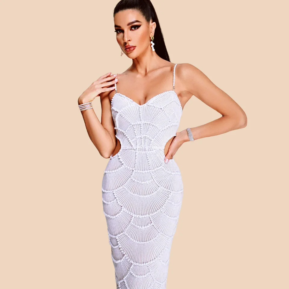 STOCK New Arrival Shining Sequins Beading Hollow Out Spaghetti Strap Long Dress Woman Birthday Party Dress Sweet Dateing Outfit