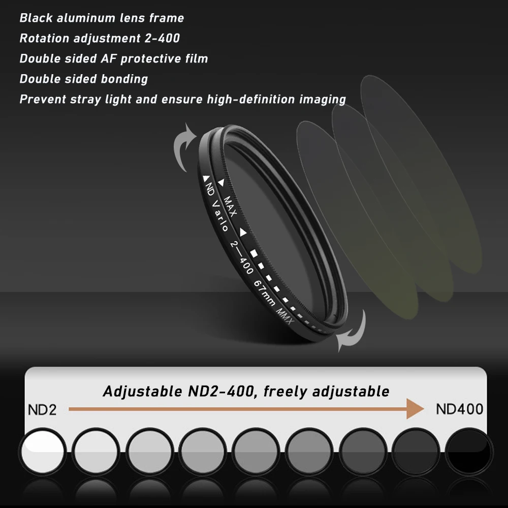 67mm Clip-on ND2-400 Kit filtro obiettivo fotocamera telefono Filtro densità neutra regolabile per iPhone 16 15 14 13 12 11 Telefono Android