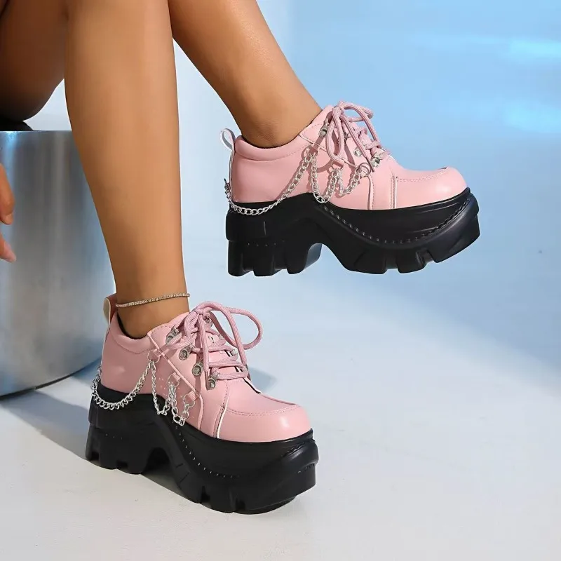

pink Lace-Up Loafers Shoes for Women Middle heeled All-Match Round Toe Platform Shoes of Woman Non-Slip PU Women's Shoes