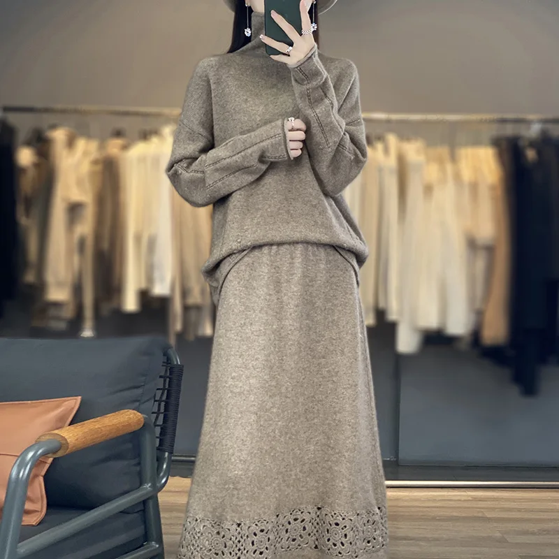 New Women\'s Dress Set 100% Wool Pullover Sweater Hollow out Long Dress High Neck Sweater Warm and Fashion Knitted Two Piece Set