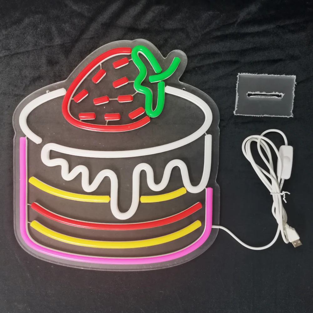 Imagem -05 - Happy Birthday Cake Neon Sign Decoração de Fundo Morango Shortcake Sinal de Luz Porta Usb Dimmable Presente para Festa de Aniversário