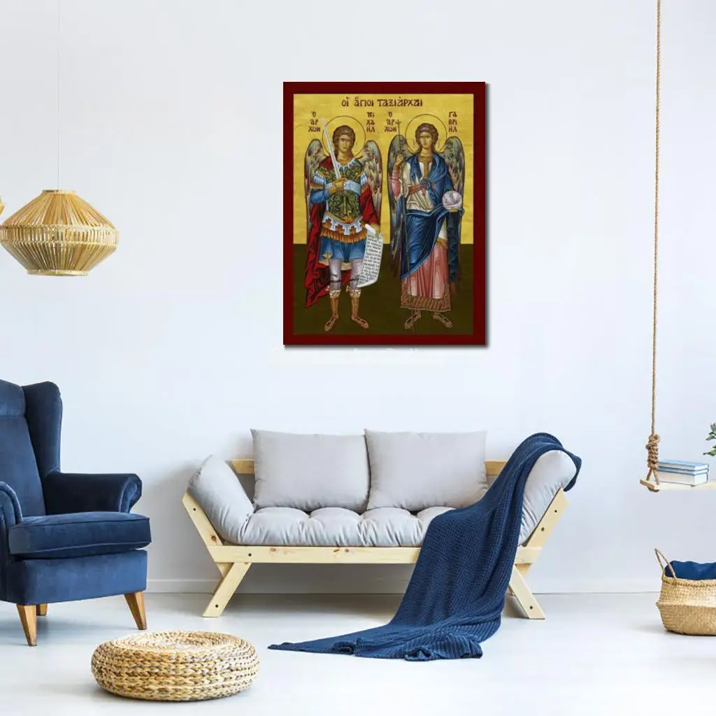Greek Orthodox Archangels Michael & Gabriel Icon HD Canvas Print Byzantine Art with Sword for Church Chapel Altar Baptism Gift