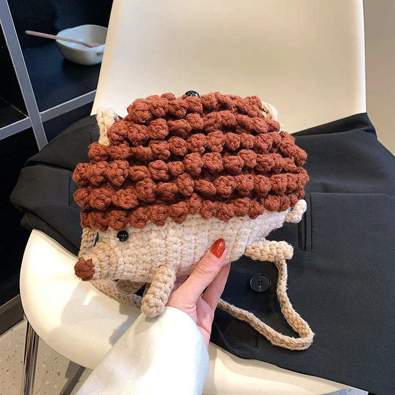 Handmade Woven Bag For Women Woolen Shoulder Crossbody Bag Cute Knitted Cartoon Bag Young Girl Crochet Hedgehog Mobile Phone Bag