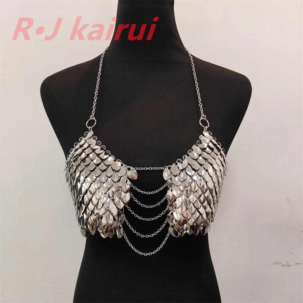 New Fashion RJF107 Mermaid Silver Fish Scales Neck Bra Layers Chainmail Dragon Scale Bra Jewelry 8 Colors