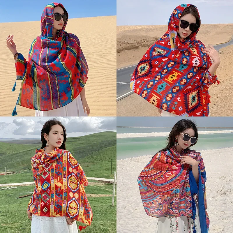 

Stylish Ethnic Print Scarf Large Shawl for Women Outdoor Activities Travel Photography Sun Protection Bohemian Fashion