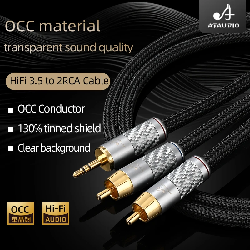 HiFi OCC Core 3.5mm to 2RCA Audio Cable for Phone AMP Carbon Fiber Gold Plated Plugs 3.5 Stereo Jack to 2RCA Male Jack Cable