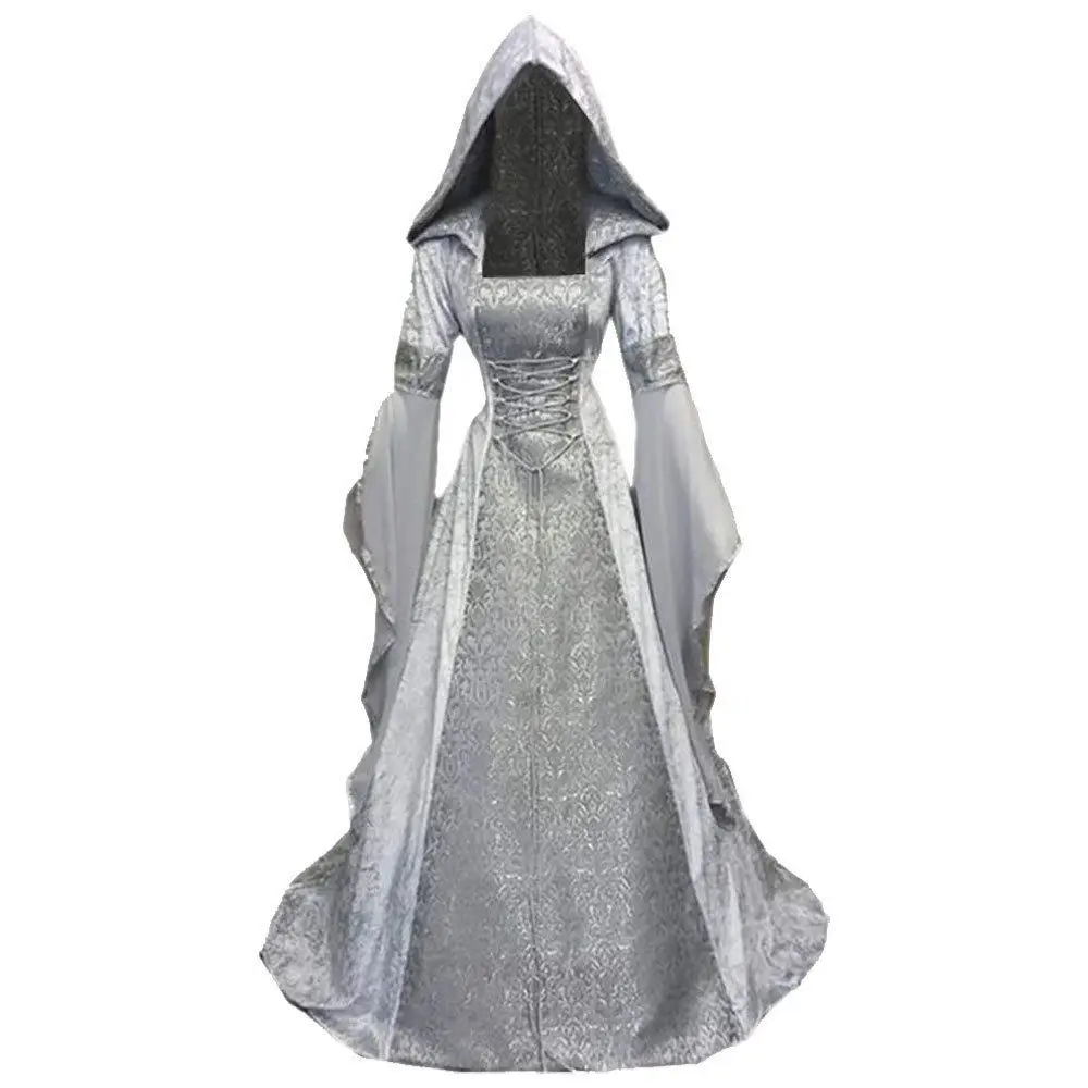 Mittelalterliches Renaissance-Maxi-Schleppe-Kleid für Damen, Halloween, Teufel, heidnische Hexe, Hochzeitskostüm, Kapuzenkleid, Robe, Cosplay-Kostüm