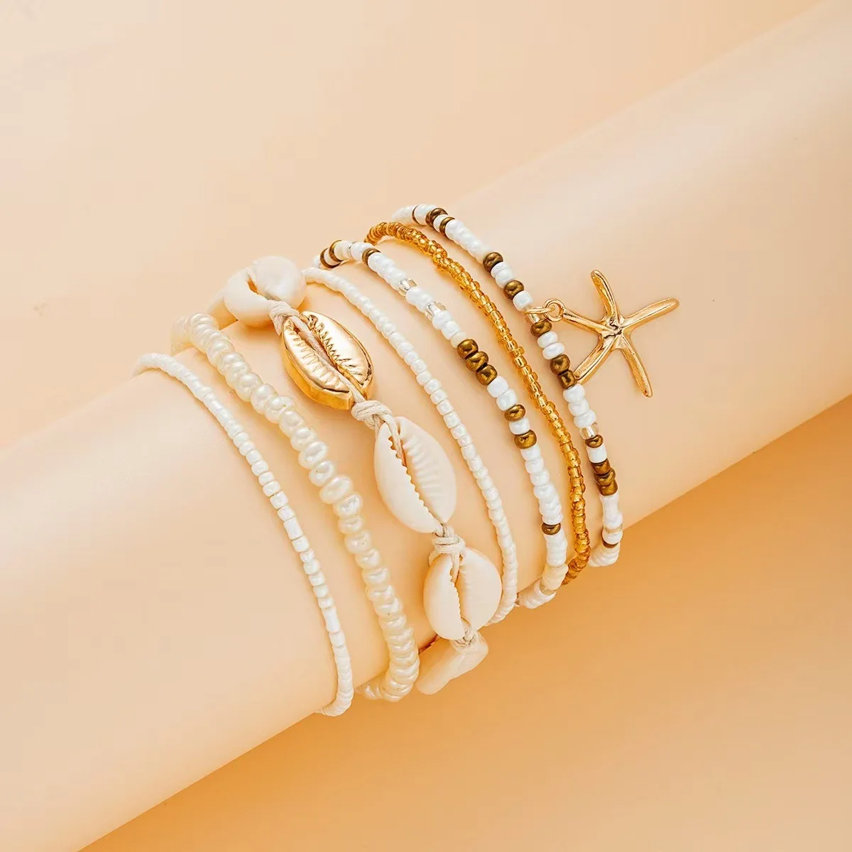 Bohemian style rice bead anklet for women, vacation style starfish pendant rice bead anklet
