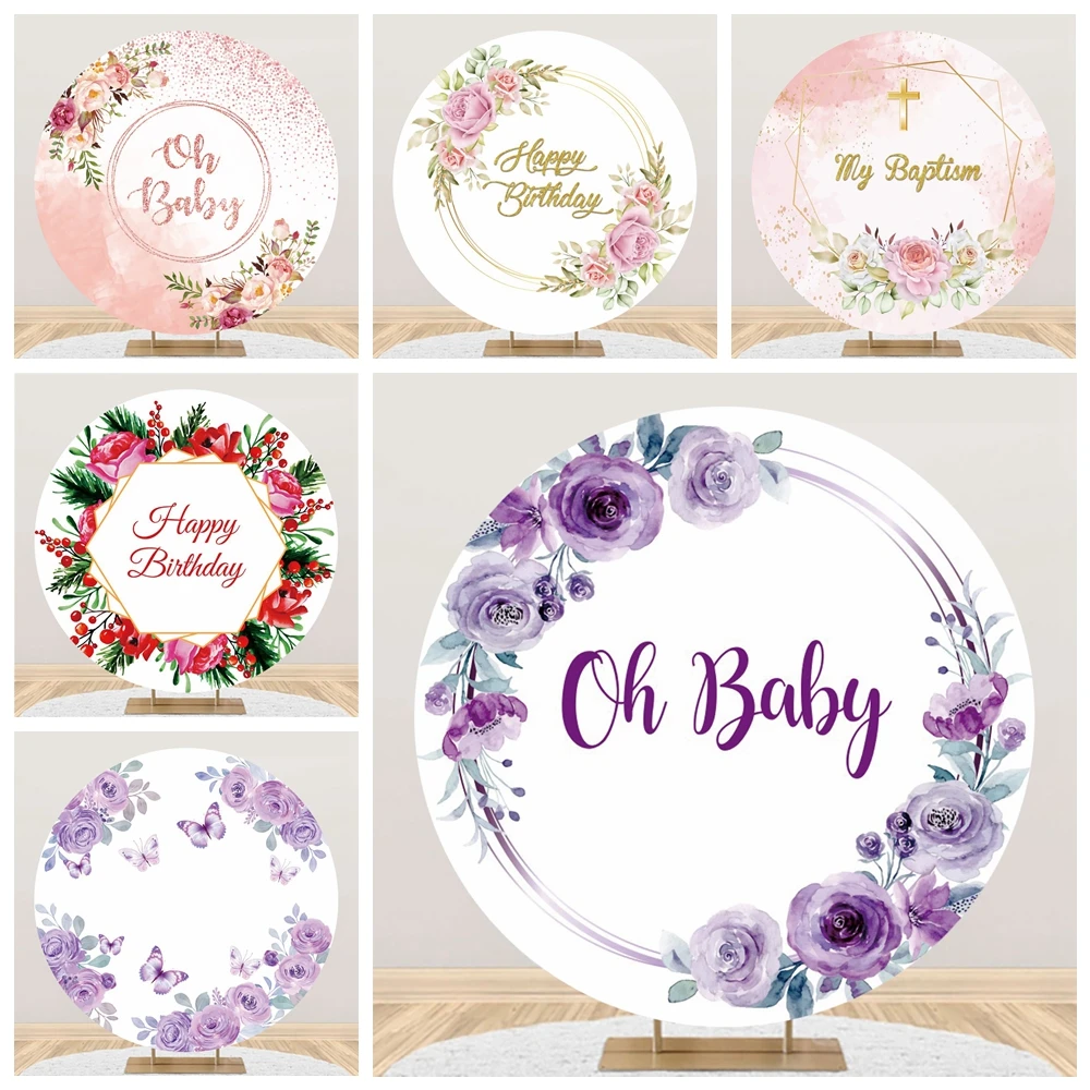 

Oh Baby Shower Round Backdrop Cover Flowers Frame Girl Boy Birthday Party Baby Photo Custom Circle Photography Background Decor