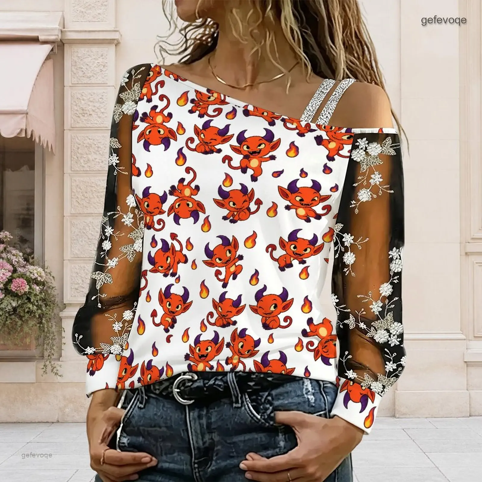 Women Asymmetric Cold Shoulder Top, Cartoon Lake Monster Print Long Sleeve Sheer Floral Embroidered Mesh Blouse