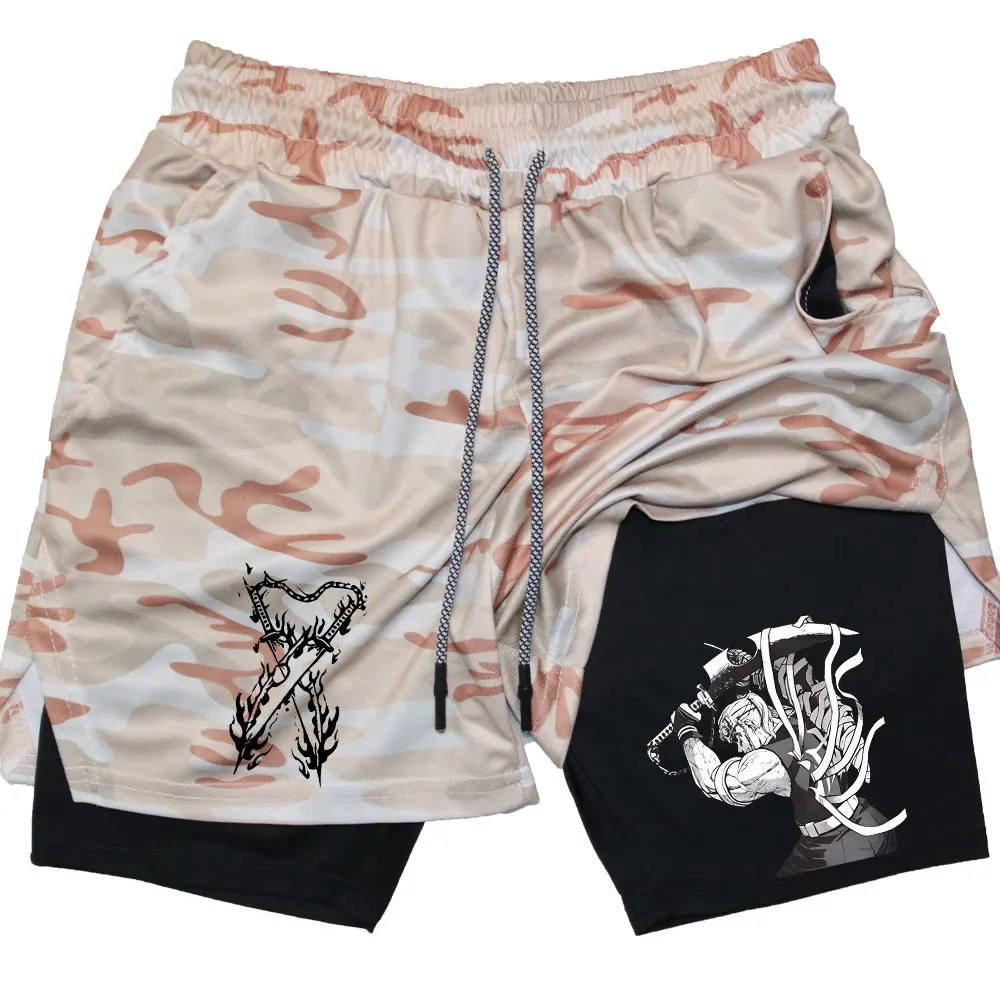 Men Performance Shorts Anime Demon Slayer Gym Shorts Summer Sports Fitness Workout Jogging Running Uzui Tengen Print Short Pants