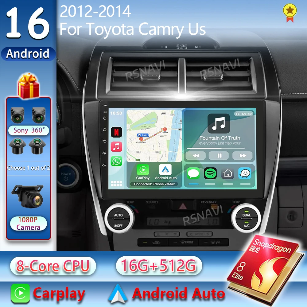 Android 16 For Toyota Camry US 2012 - 2014 2K QLED Android Car Radio Multimedia Video Player GPS Stereo CarPlay 4G Head Unit