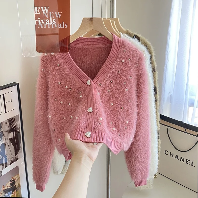 Beading Imitate Mink Knitted Cardigans Spring New V-Neck Single Breasted Diamond Short Sweater Coats Elegant Knitwear Tops