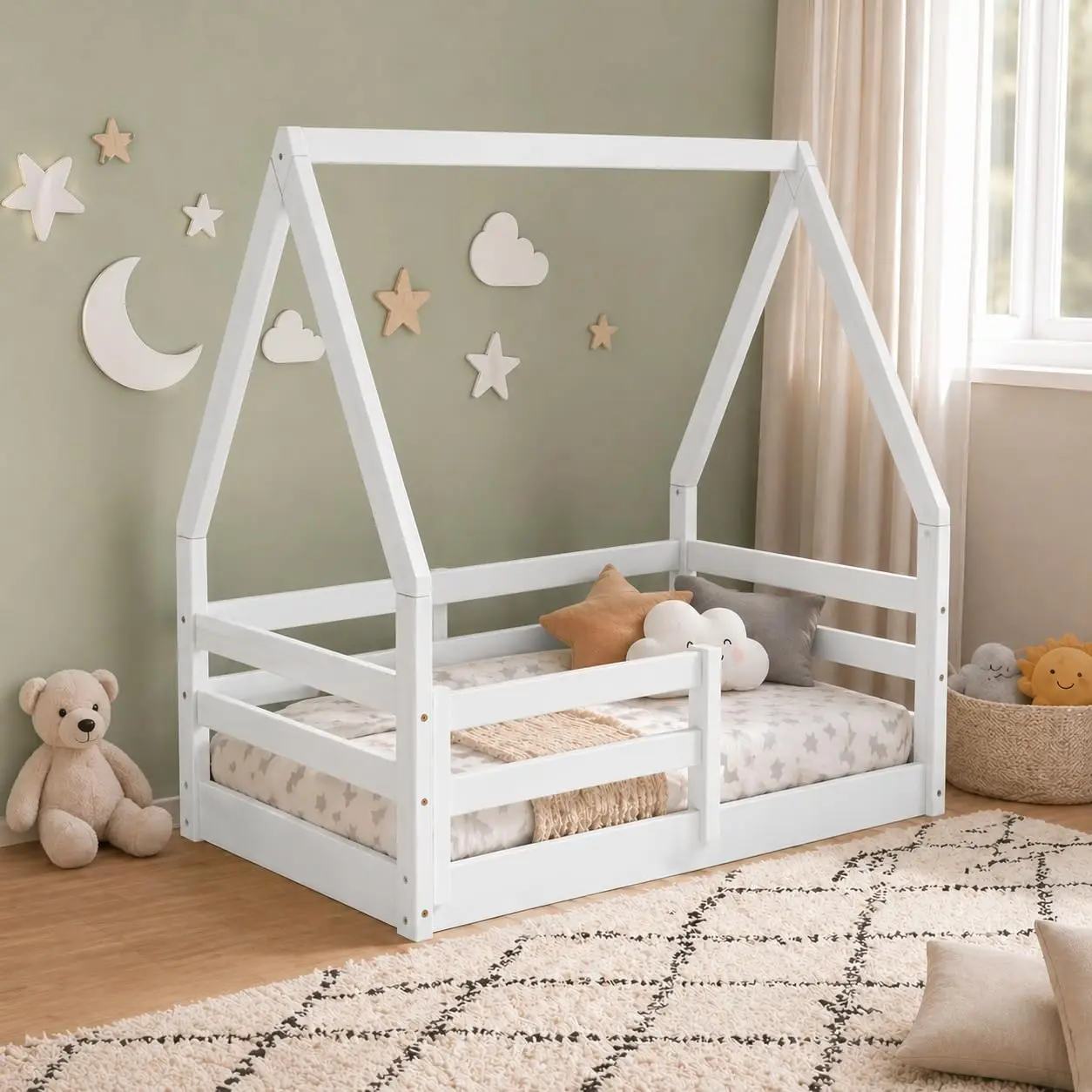 

Montessori Toddler Floor Bed with House Frame Canopy — Solid Pine with Non-Toxic Water-Based White Finish —, Customized