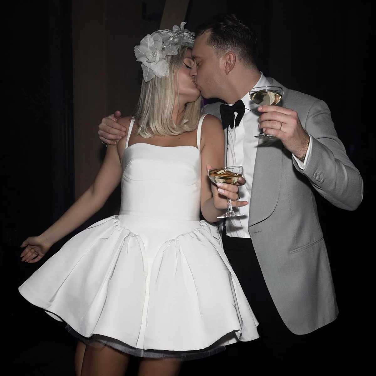 Puffy Mini Strapless Dress with Thin Shoulder Straps Build-In Bras Corset Boning Customized Cute Rockabilly Satin Bridal Gowns