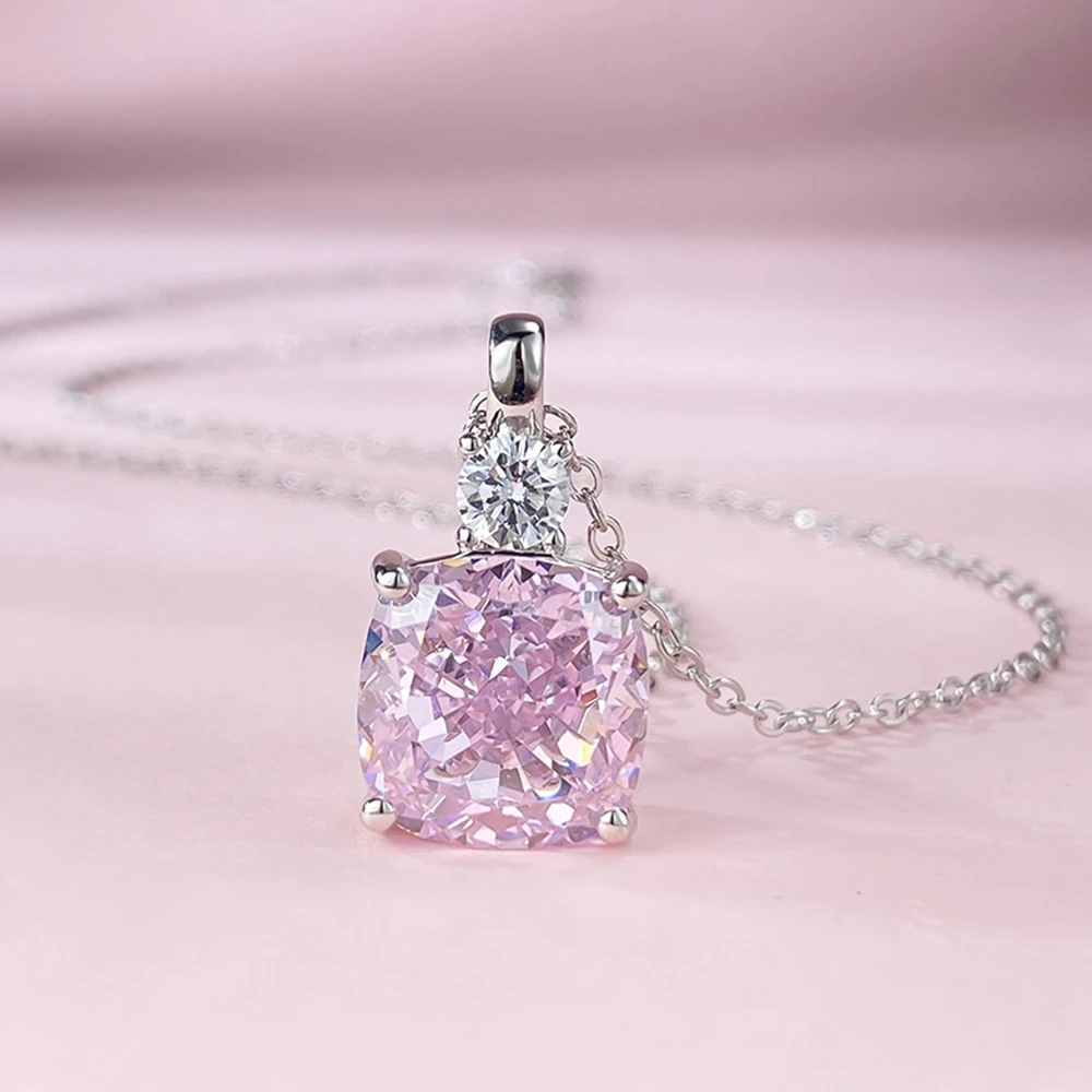 Wong Rain 100% 925 Sterling Silver 10*10MM Crushed Ice Cut Pink Sapphire Gemstone Pendant Necklace Ladies Jewelry Gift Wholesale