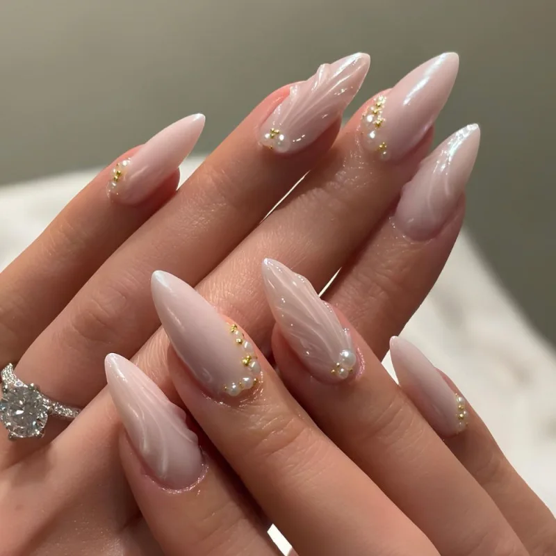 

24PCS Nude Pink Almond Fake Nails with 3D Leaf Pearl Gold Bead Press on Nails Elegant Bridal Nail Art for Women Removable Design