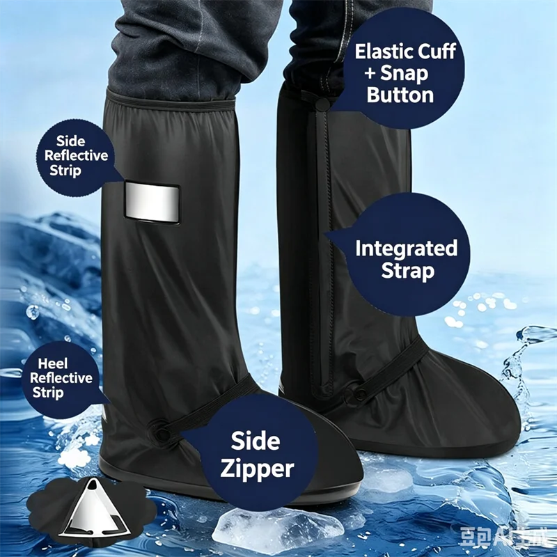 High-Top Non-Slip PU Leather Waterproof Rain Boot Overshoes Reusable Rain Snow Shoe Trouser Protector for Outdoor Cycling Hiking
