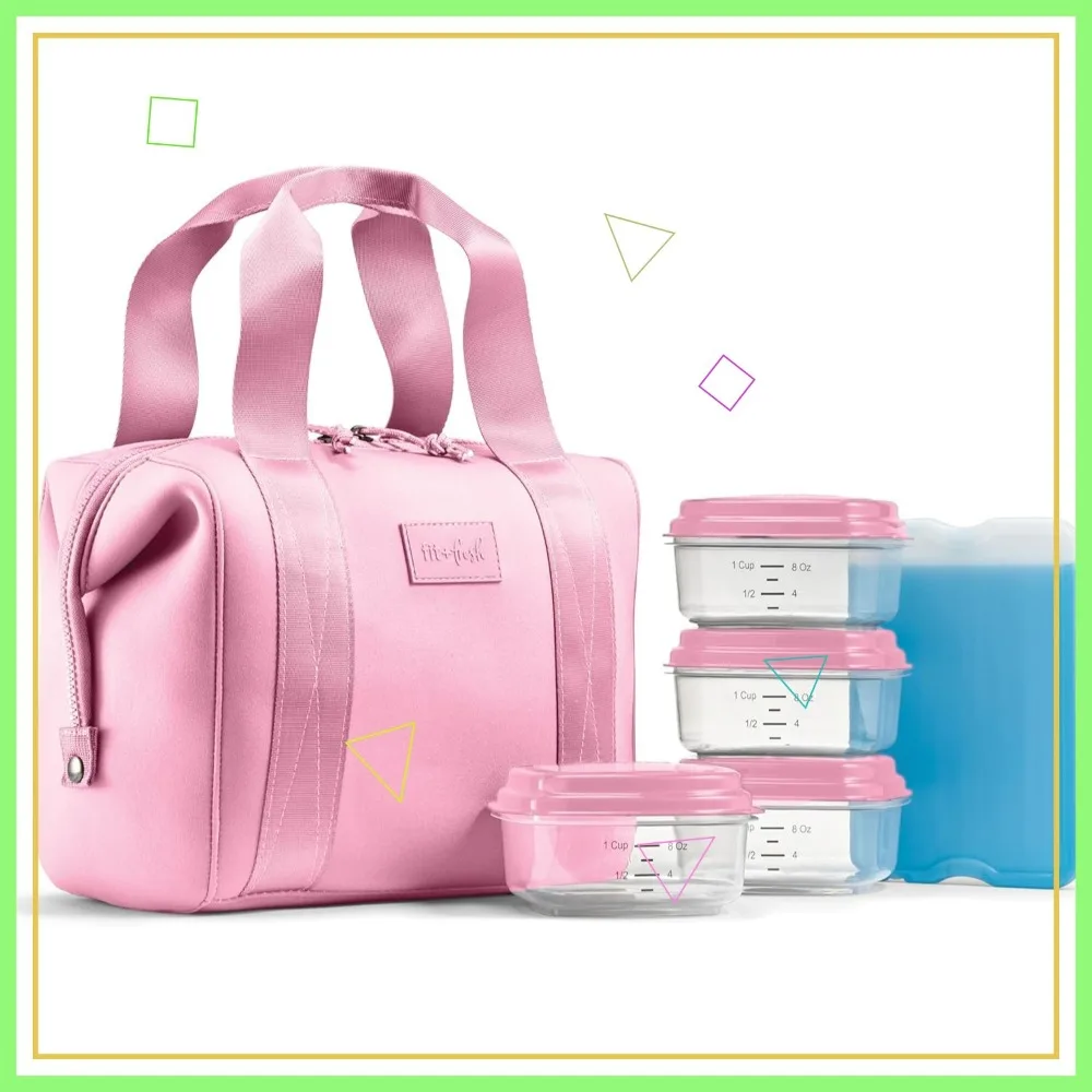 

Insulated Lunch Bag with Containers & Ice Pack for Women - Spacious, Washable, Tear-Resistant in Pink