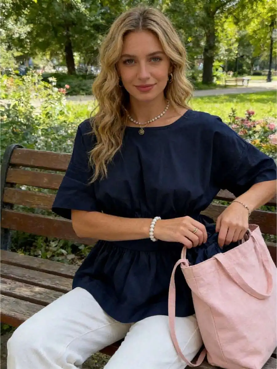 Womens Summer Peplum Top Casual Solid Color Backless Loose Hem Bow Crew Neck Elbow Sleeve Blouse